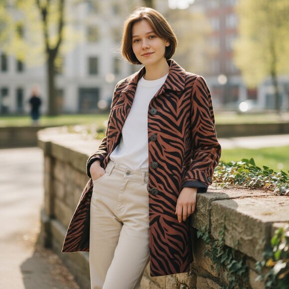 UBU SZ L Flocked Zebra Print Button Front Jacket Coat in Black & Copper - Picture 1 of 10